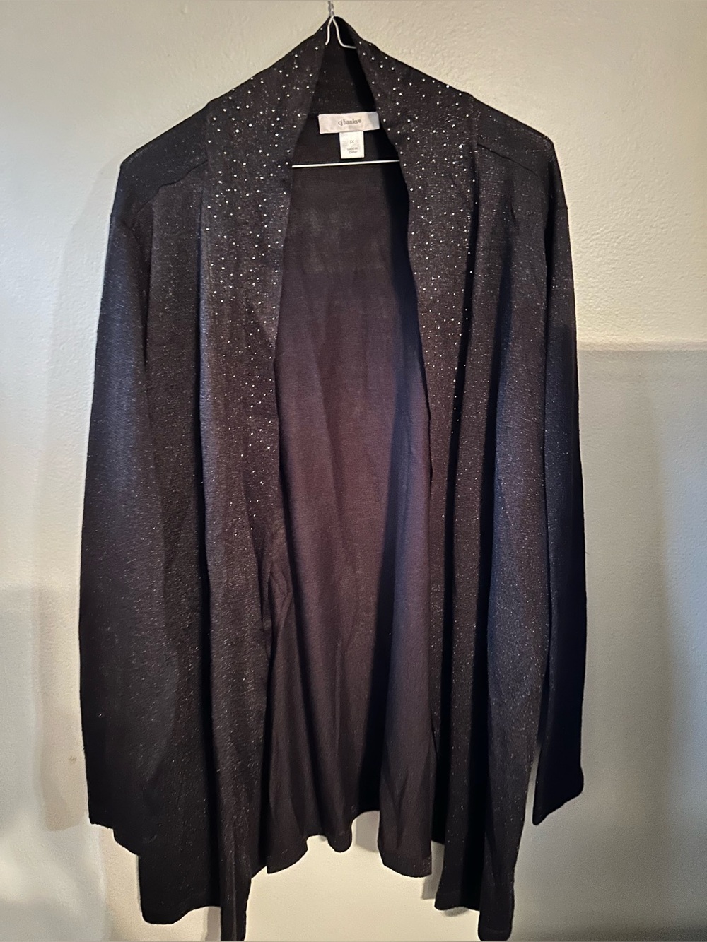 CJ Banks Women's Plus Size Black Shimmer Open Front Cardigan with Embellishment